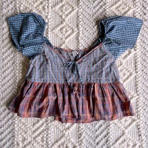 American Eagle Plaid Ruffle Sleeve Baby Doll Tank